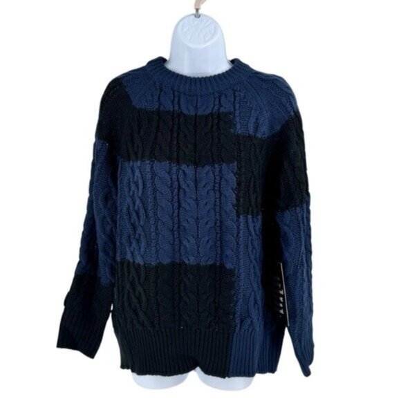 Tuckernuck NEW Navy Patchwork Cable Knit Relaxed Fit Pullover Sweater Size L - Picture 4 of 12